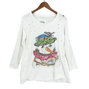 A RARE BIRD Snowman Top Shirt Christmas Distressed White